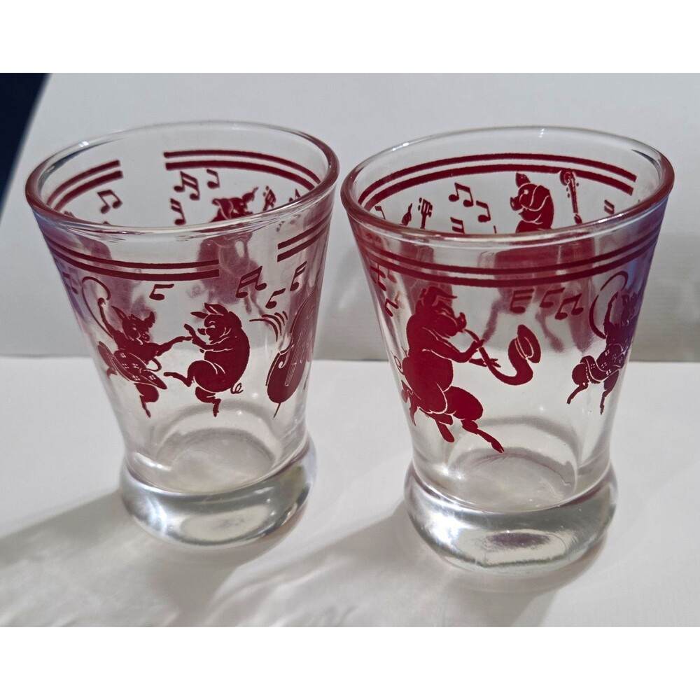 Vintage Hazel Atlas Pink Dancing Pigs Shot Glasses Set of 2 Mid Century Modern